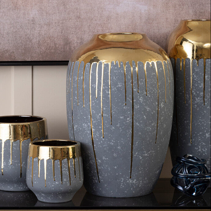Orsina Cyrus Grey and Gold Small Ceramic Vase | Modern Tabletop Decor