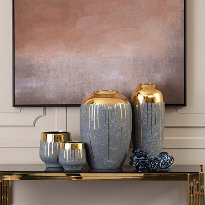 Orsina Cyrus Large Ceramic Vase – Modern Grey and Gold Statement Piece