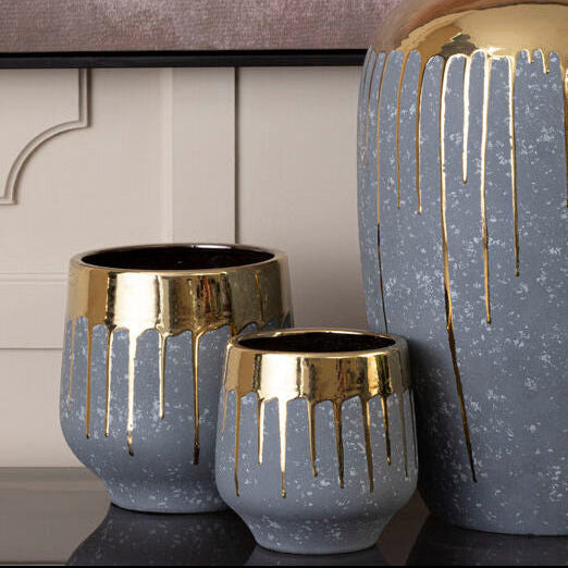 Orsina Cyrus Small Ceramic Planter – Speckled Grey and Gold Pot