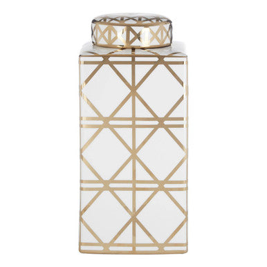 Orsina Kya Large White and Gold Ceramic Jar – Geometric Decorative Lidded Vase