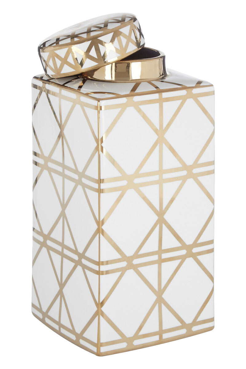 Orsina Kya Large White and Gold Ceramic Jar – Geometric Decorative Lidded Vase