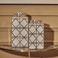 Orsina Kya Large White and Gold Ceramic Jar – Geometric Decorative Lidded Vase