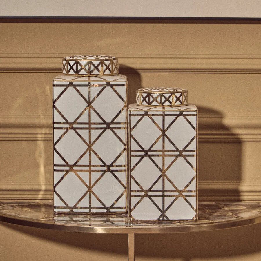 Orsina Kya Large White and Gold Ceramic Jar – Geometric Decorative Lidded Vase