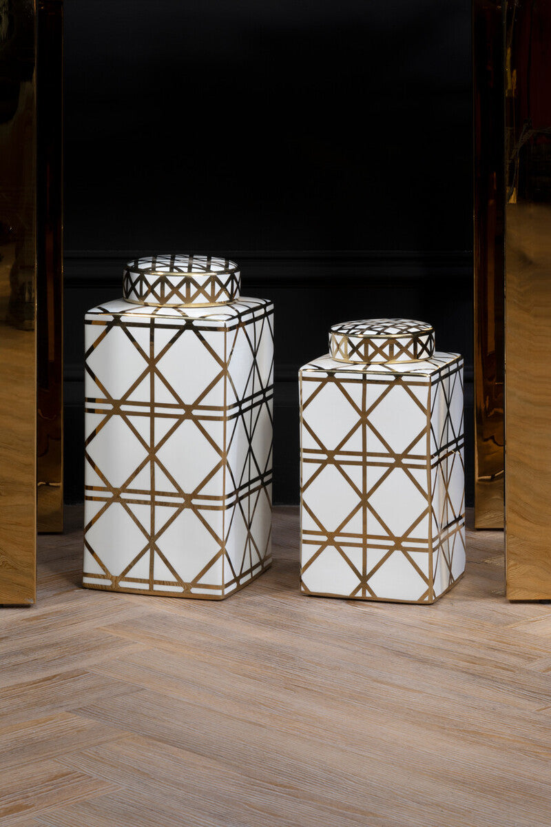 Orsina Kya Large White and Gold Ceramic Jar – Geometric Decorative Lidded Vase