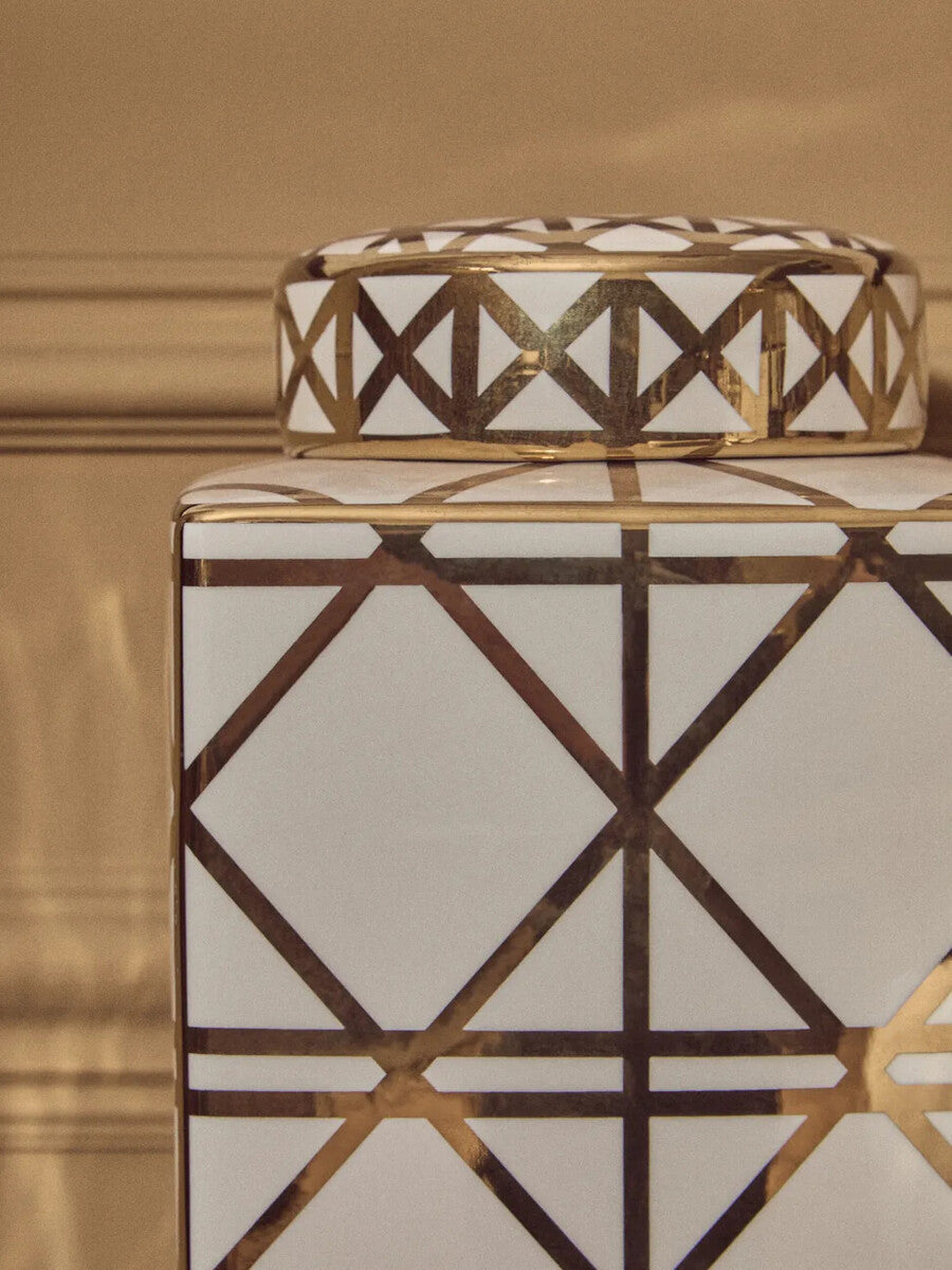 Orsina Kya Large White and Gold Ceramic Jar – Geometric Decorative Lidded Vase