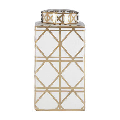 Orsina Kya Small Ceramic Jar – White and Gold Geometric Decorative Jar