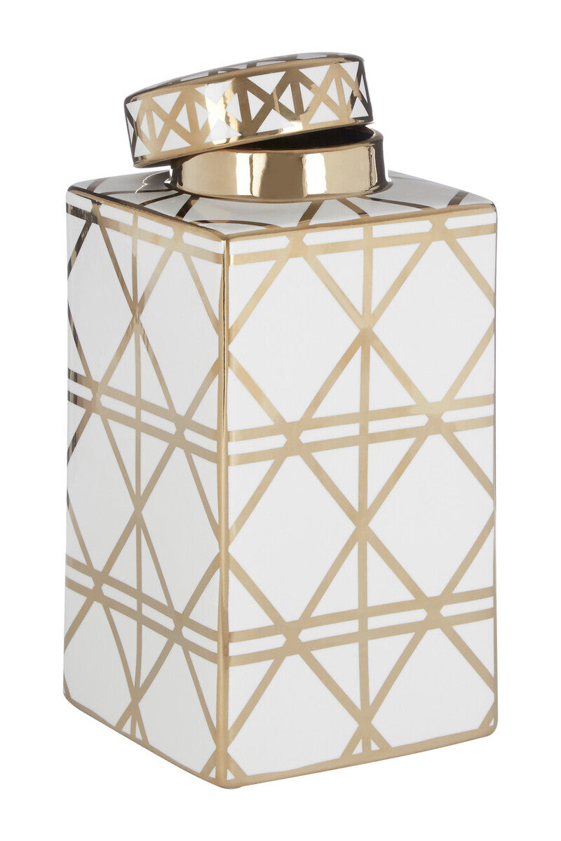 Orsina Kya Small Ceramic Jar – White and Gold Geometric Decorative Jar
