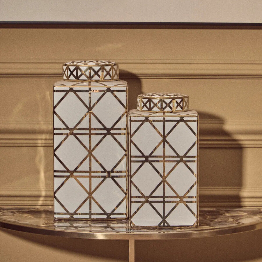 Orsina Kya Small Ceramic Jar – White and Gold Geometric Decorative Jar