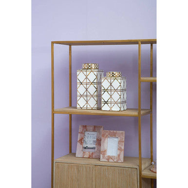 Orsina Kya Small Ceramic Jar – White and Gold Geometric Decorative Jar