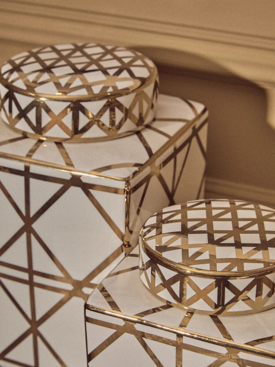 Orsina Kya Small Ceramic Jar – White and Gold Geometric Decorative Jar