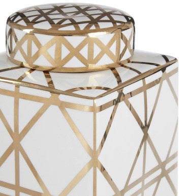 Orsina Kya Small Ceramic Jar – White and Gold Geometric Decorative Jar