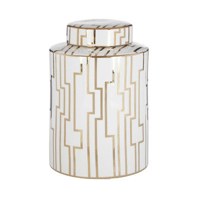 Orsina Ariana Large Ceramic Jar – White and Gold Art Deco Storage