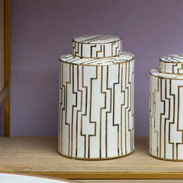 Orsina Ariana Large Ceramic Jar – White and Gold Art Deco Storage