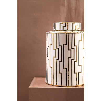 Orsina Ariana Large Ceramic Jar – White and Gold Art Deco Storage