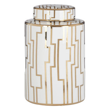 Orsina Ariana Small Ceramic Jar – White and Gold Art Deco Storage