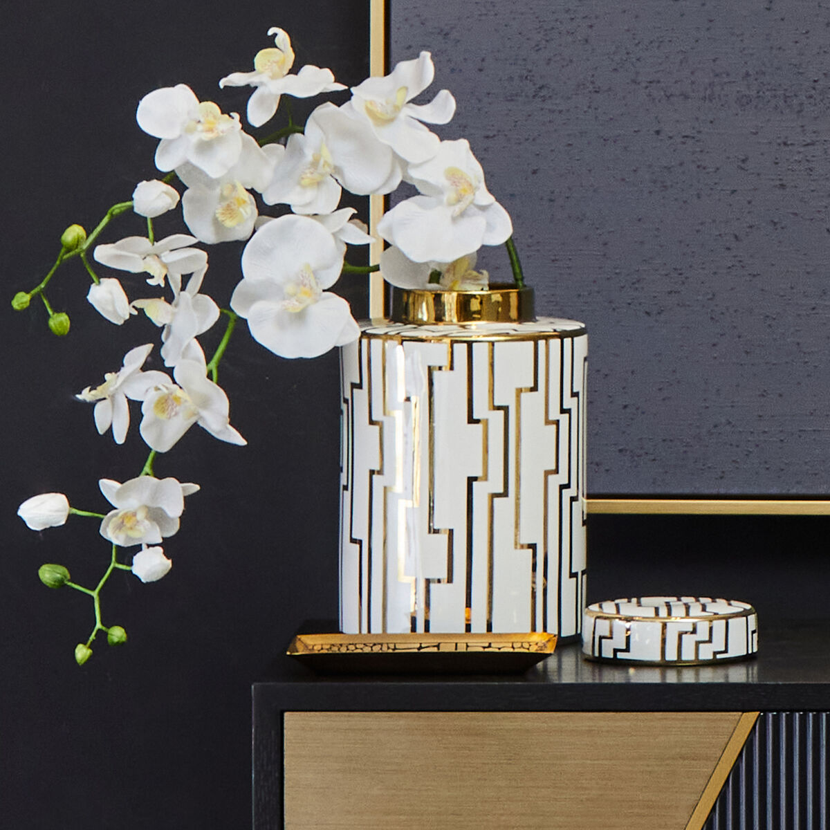 Orsina Ariana Small Ceramic Jar – White and Gold Art Deco Storage