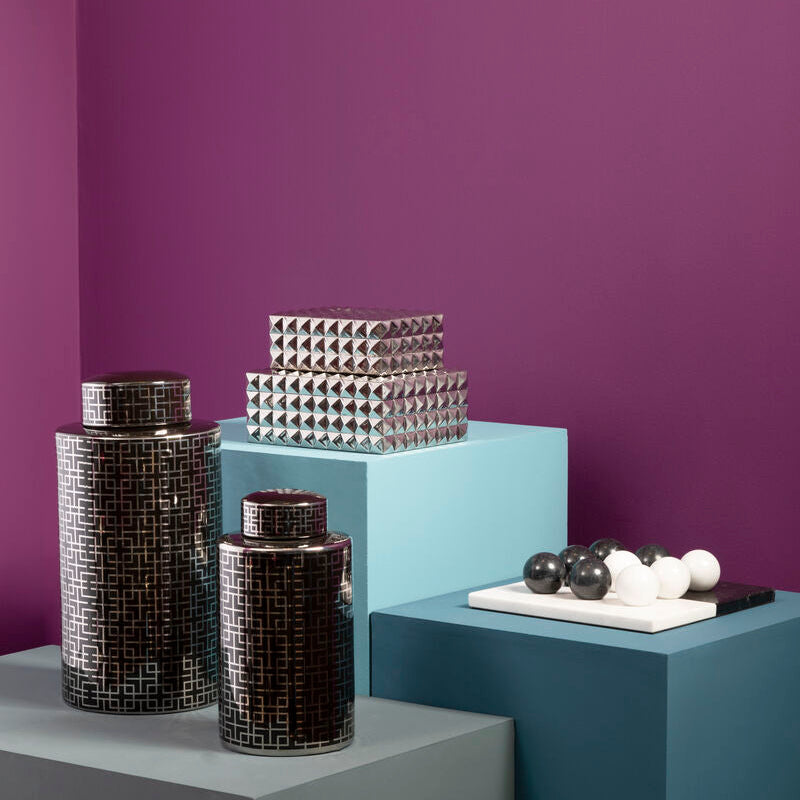 Orsina Daria Small Ceramic Jar | Black and Silver Geometric Decor