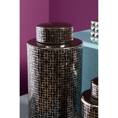 Orsina Daria Small Ceramic Jar | Black and Silver Geometric Decor