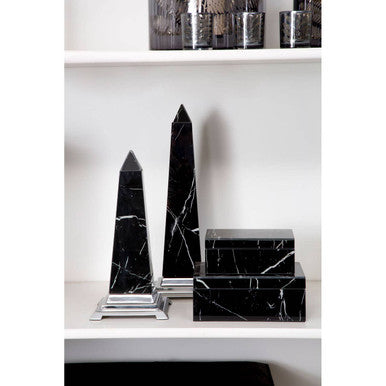 Orsina Renata Large Black Marble Glass Obelisk Sculpture | Silver Base