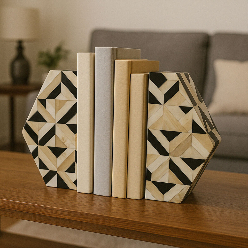 Orsina Harlo Geometric Bookends – Ivory and Black Composite Set of 2