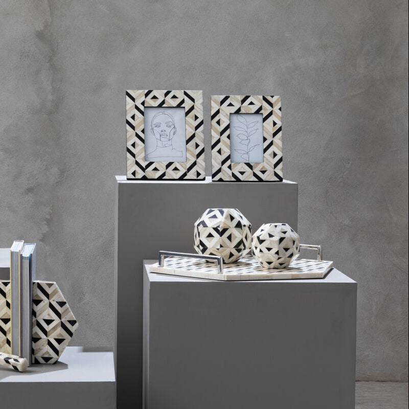 Orsina Harlo Hexagon Decorative Tray | Ivory and Black Resin with Handles