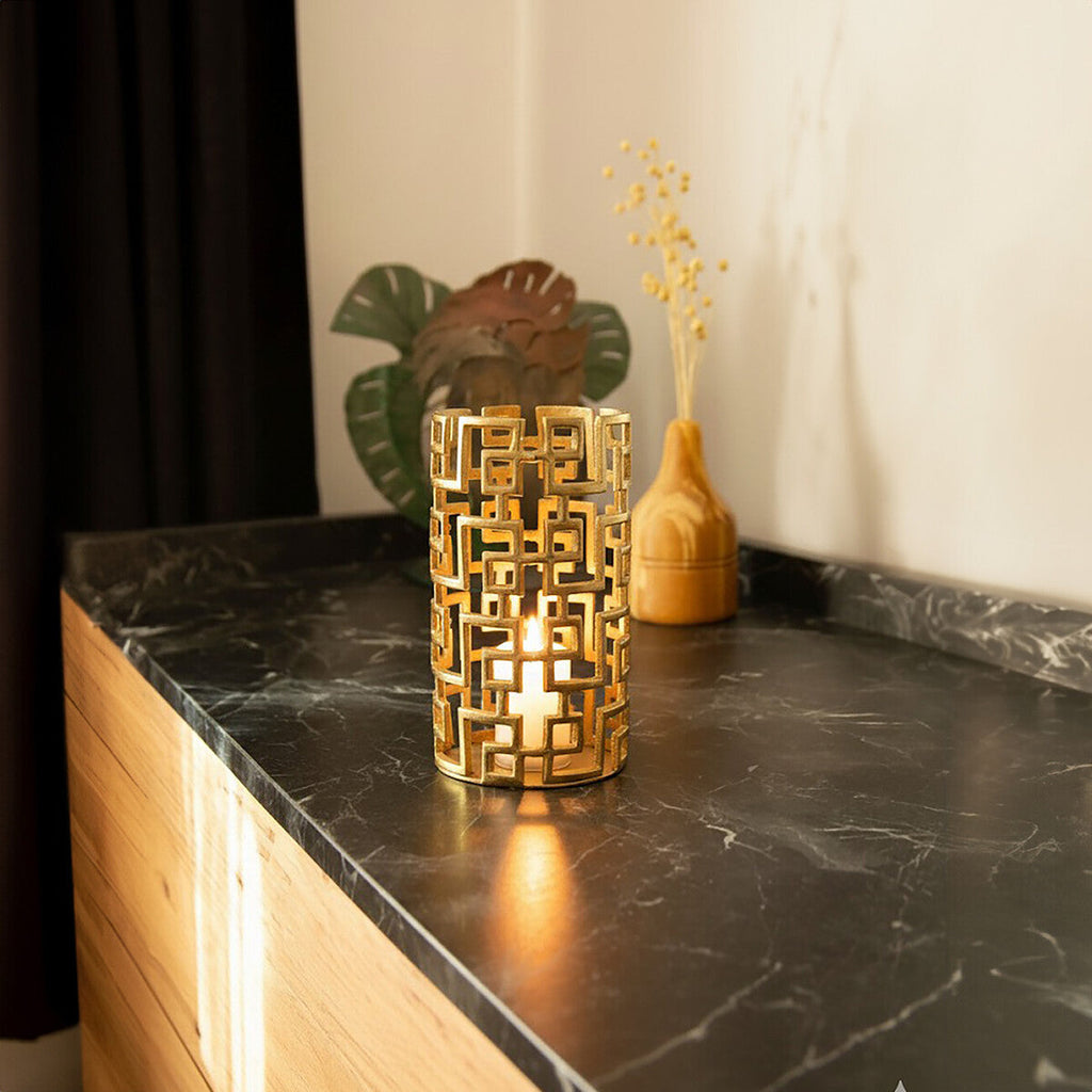 Orsina Delphi Large Gold Hurricane Candle Holder | Geometric Aluminium
