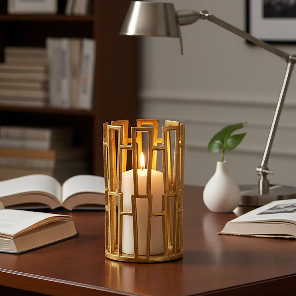Orsina Delphi Small Gold Candle Holder – Art Deco Geometric Metal Decor
