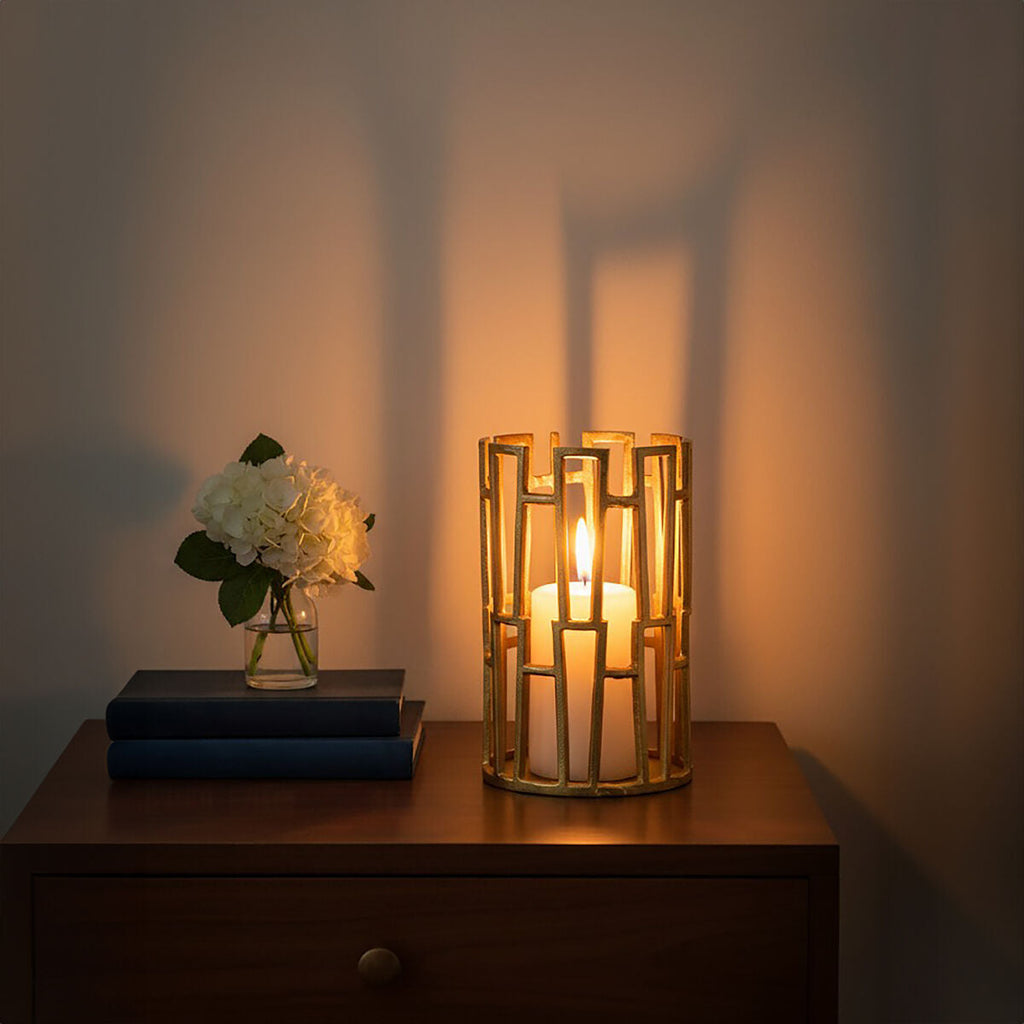 Orsina Delphi Small Gold Candle Holder – Art Deco Geometric Metal Decor