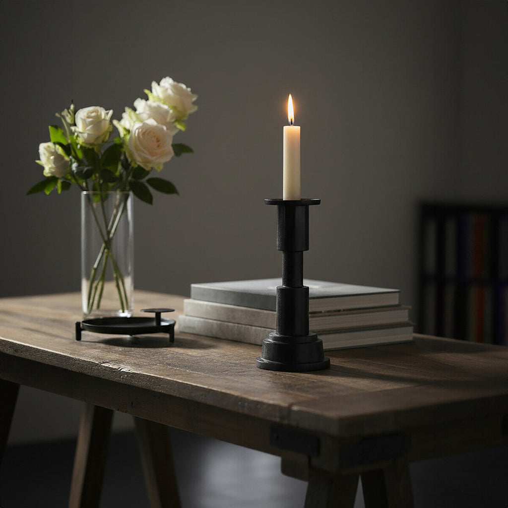 Orsina Zac Small Candle Holder – Matte Black Sculptural Pillar Stand