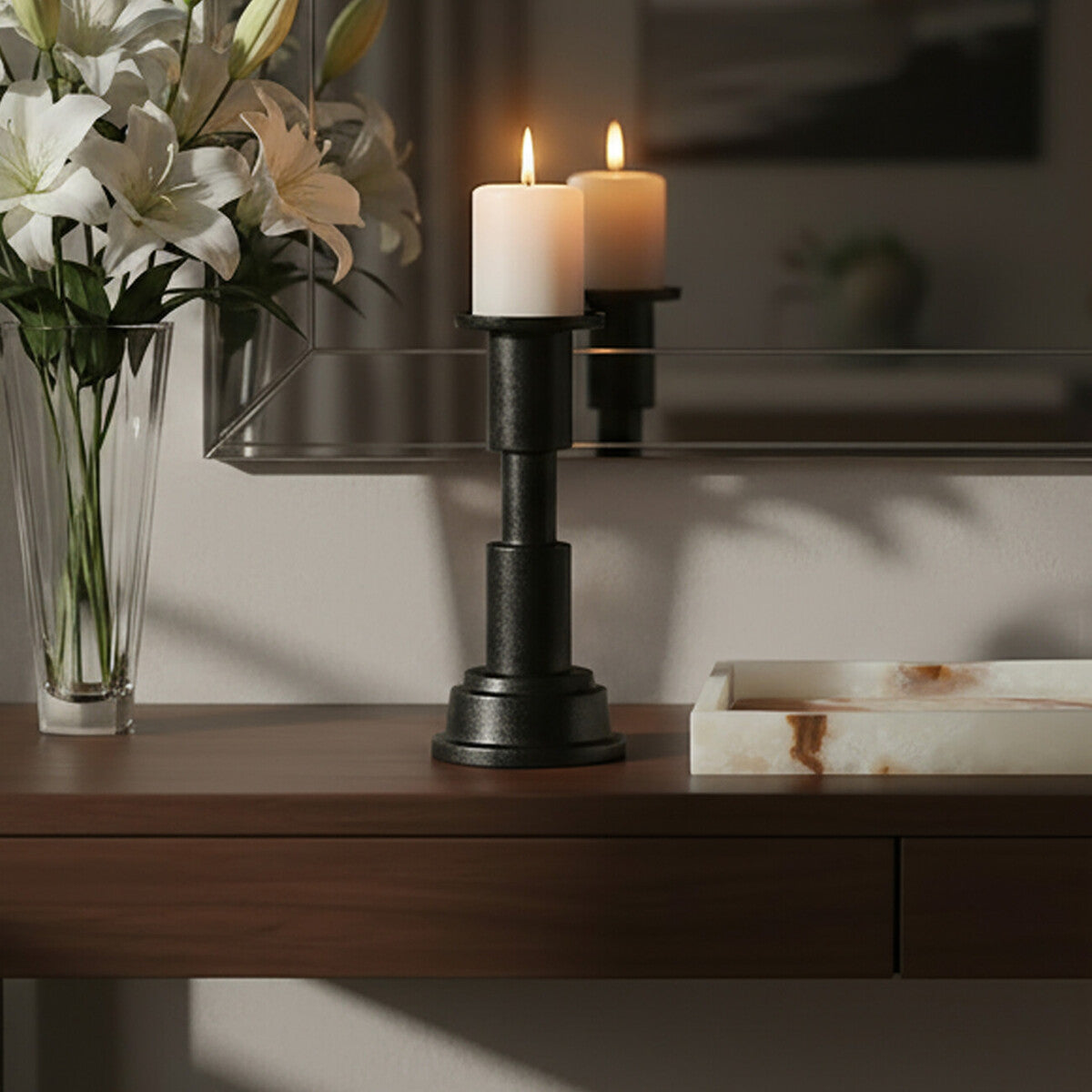Orsina Zac Small Candle Holder – Matte Black Sculptural Pillar Stand