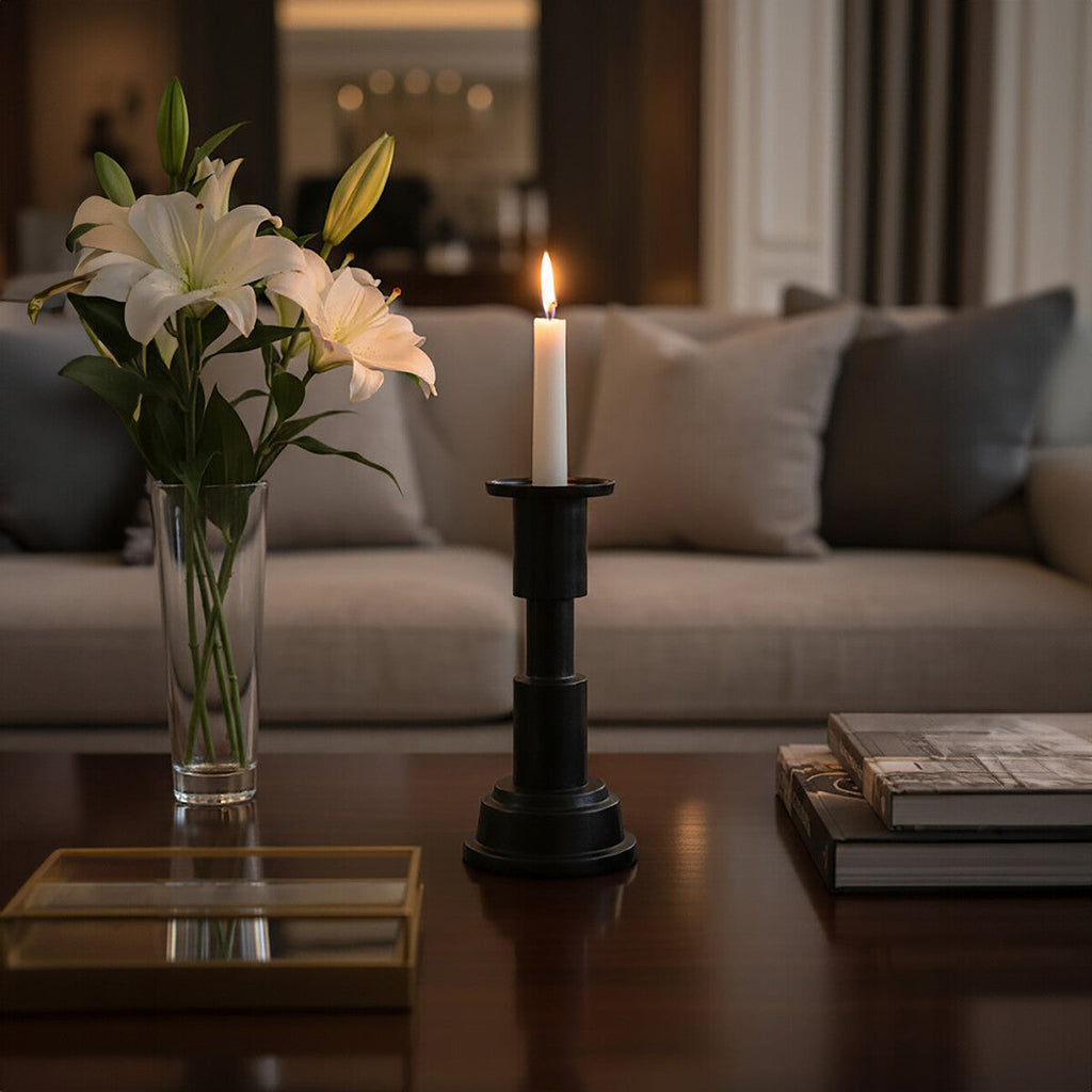 Orsina Zac Small Candle Holder – Matte Black Sculptural Pillar Stand