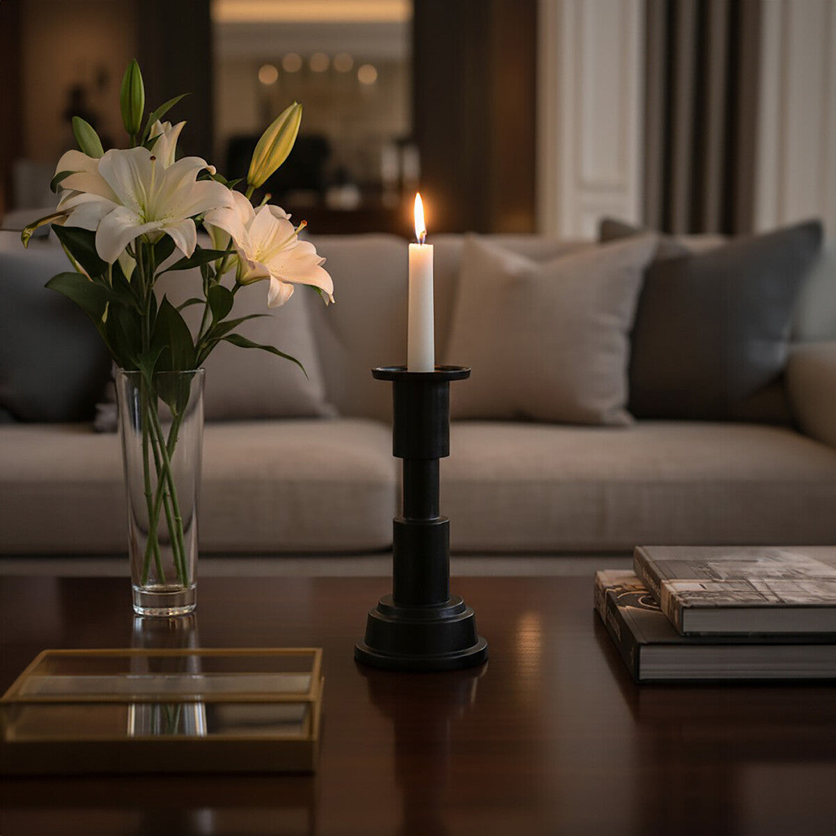 Orsina Zac Small Candle Holder – Matte Black Sculptural Pillar Stand