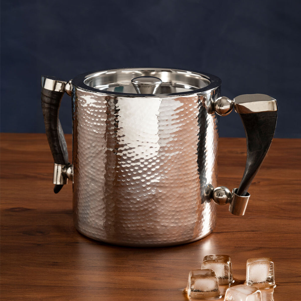 Orsina Haven Hammered Silver Ice Bucket with Horn Handles and Tongs