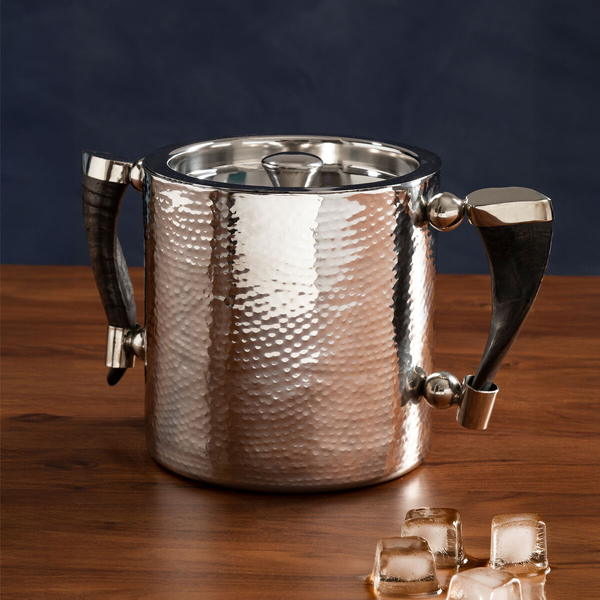 Orsina Haven Hammered Silver Ice Bucket with Horn Handles and Tongs