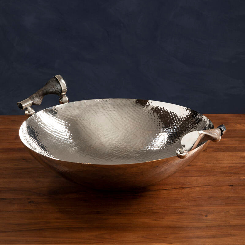 Orsina Hammered Silver Serving Bowl with Black Horn-Style Handles