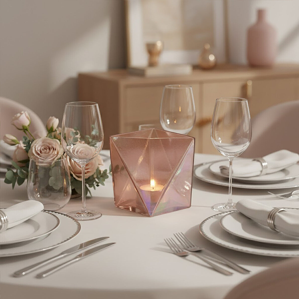 Orsina Rambia Large Pink Glass Candle Holder – Faceted Geometric Design
