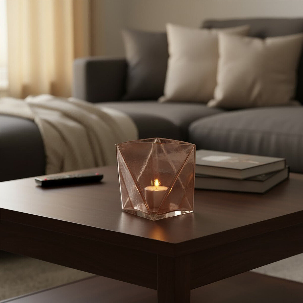 Orsina Rambia Small Pink Glass Candle Holder – Geometric Prismatic Design