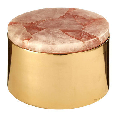 Orsina Large Pink Quartz Trinket Box – Round Gold Metal Jewelry Case