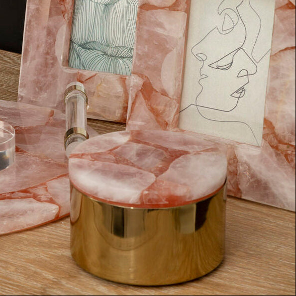 Orsina Large Pink Quartz Trinket Box – Round Gold Metal Jewelry Case