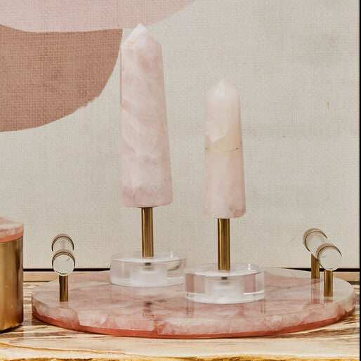 Orsina Bowerbird Large Pink Quartz Obelisk Sculpture | Silver Base