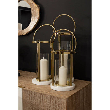 Orsina Martina Medium Gold Hurricane Lamp with White Marble Base