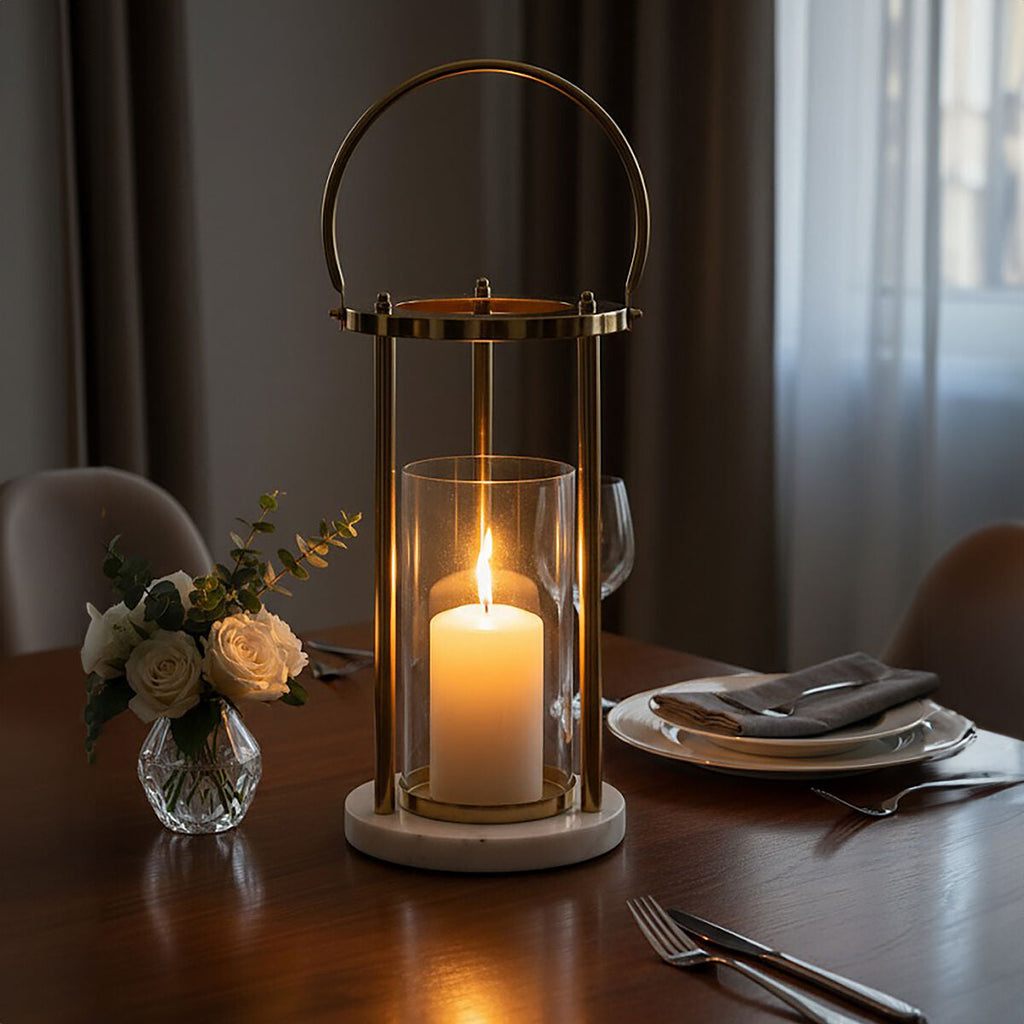 Orsina Martina Medium Gold Hurricane Lamp with White Marble Base
