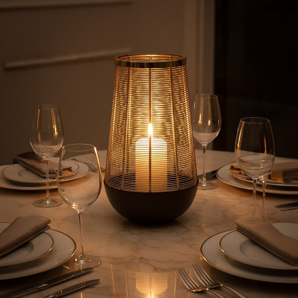 Orsina Martina Small Hurricane Lamp – Black and Gold Iron Wire Cage