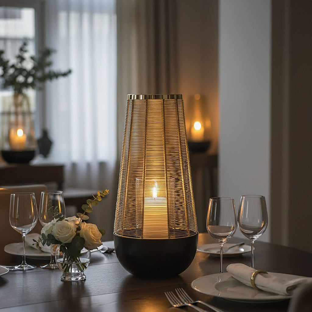 Orsina Martina Large Hurricane Lamp – Black and Gold Iron Wireframe