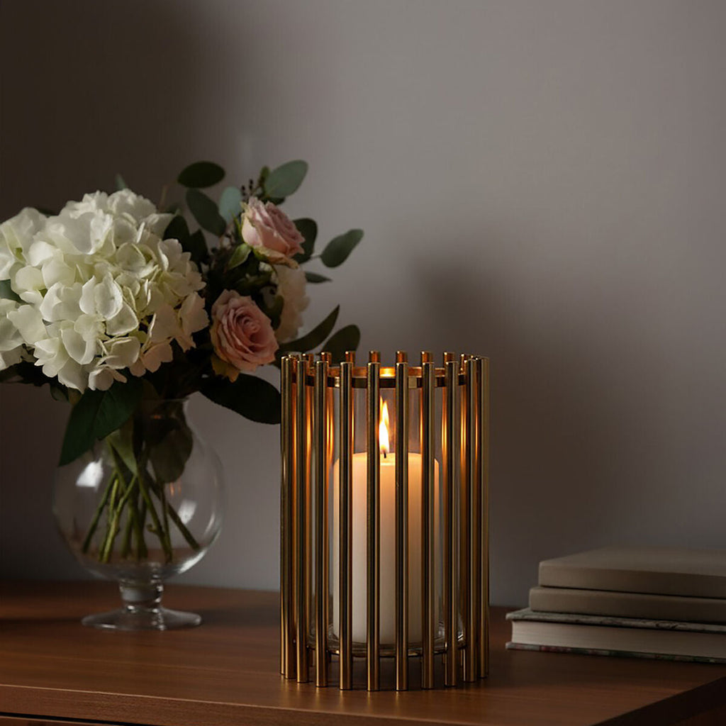 Orsina Martina Medium Candle Holder – Metallic Round Cage Pillar Stand
