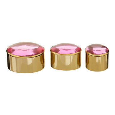 Orsina Nixie Gold Metal Trinket Boxes with Pink Stone Lids | Set of 3