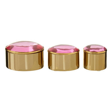 Orsina Nixie Gold Metal Trinket Boxes with Pink Stone Lids | Set of 3