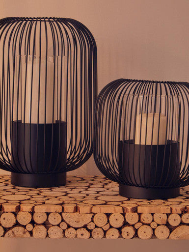 Orsina Trento Large Black Wireframe Lantern – Modern Glass Candle Holder