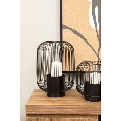 Orsina Trento Large Black Wireframe Lantern – Modern Glass Candle Holder