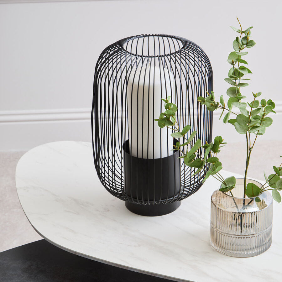 Orsina Trento Large Black Wireframe Lantern – Modern Glass Candle Holder